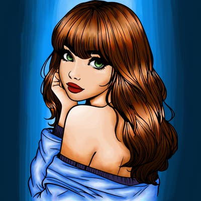 realistic girl with bangs looking over her shoulder