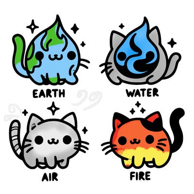 4 cats that represent the different elements, earth, water, air, and fire