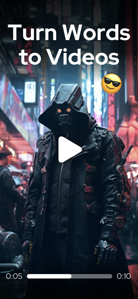 Videl AI video generator app interface showing a cyberpunk character and the headline Turn Words to Videos