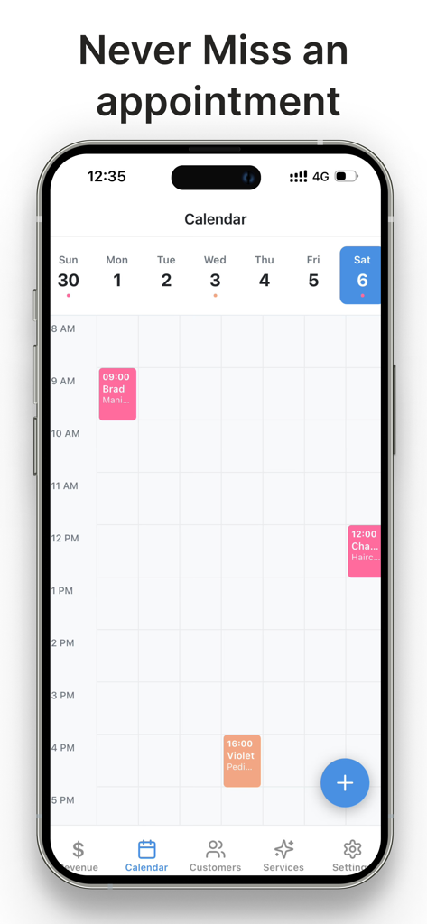 Salon Manager By CATronics - Weekly appointment calendar interface in the Salon Manager mobile app showing scheduled beauty services