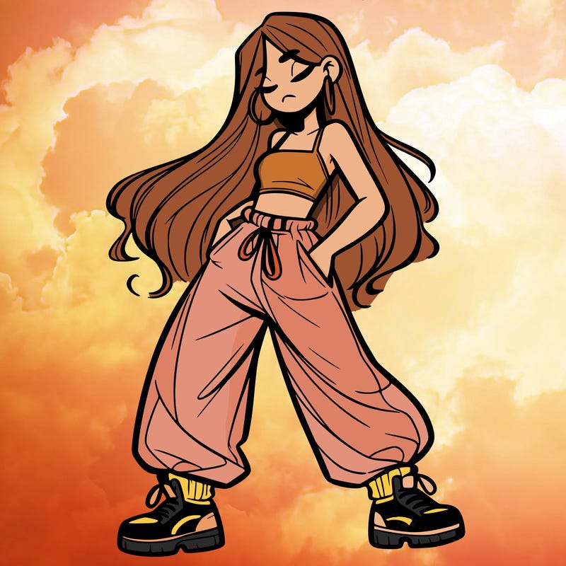 girl in baggy pants crop top and long hair