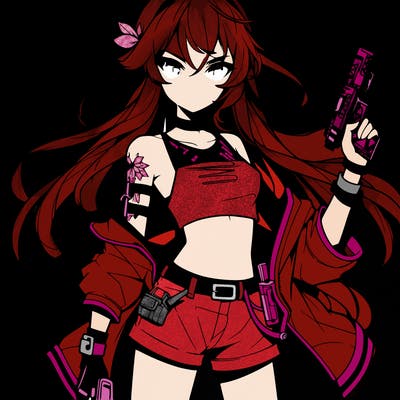 bad girl wearing crop top holding a gun long hair anime