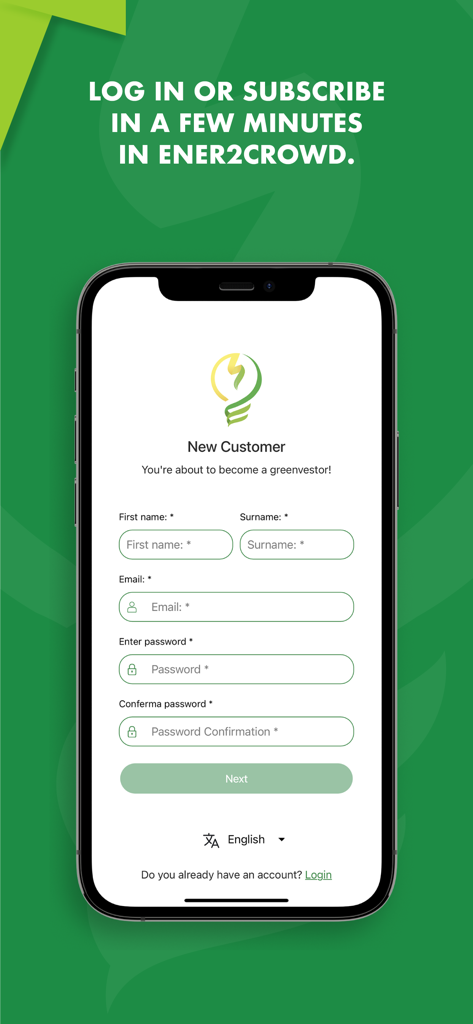Ener2Crowd - Ener2Crowd mobile app registration screen for new GreenVestors