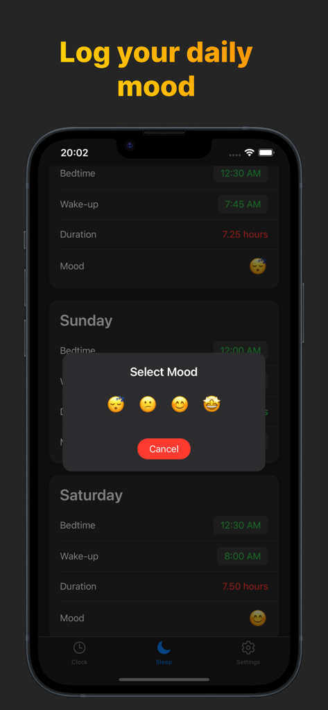 Circadian Rhythm: Body Clock - Mobile app interface for logging daily mood with emoji selection and sleep duration logs.