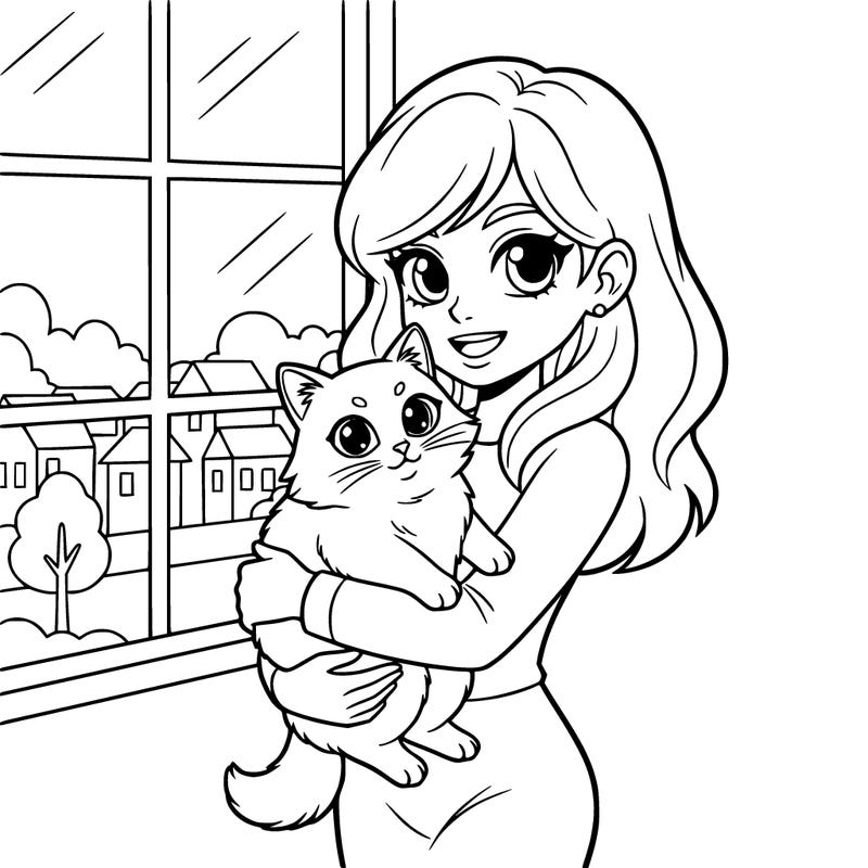 girl with cat in her arms next to window