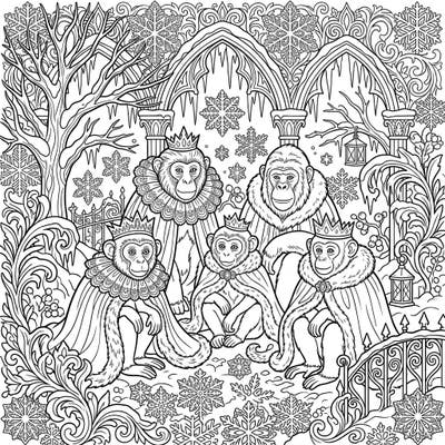Step into an enchanting world where royal primates gather amidst a mystical Gothic winter landscape. This intricate coloring page invites you to bring warmth and color to a scene filled with majestic creatures and frosty elegance.