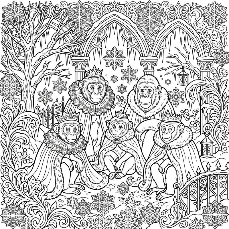 Step into an enchanting world where royal primates gather amidst a mystical Gothic winter landscape. This intricate coloring page invites you to bring warmth and color to a scene filled with majestic creatures and frosty elegance.