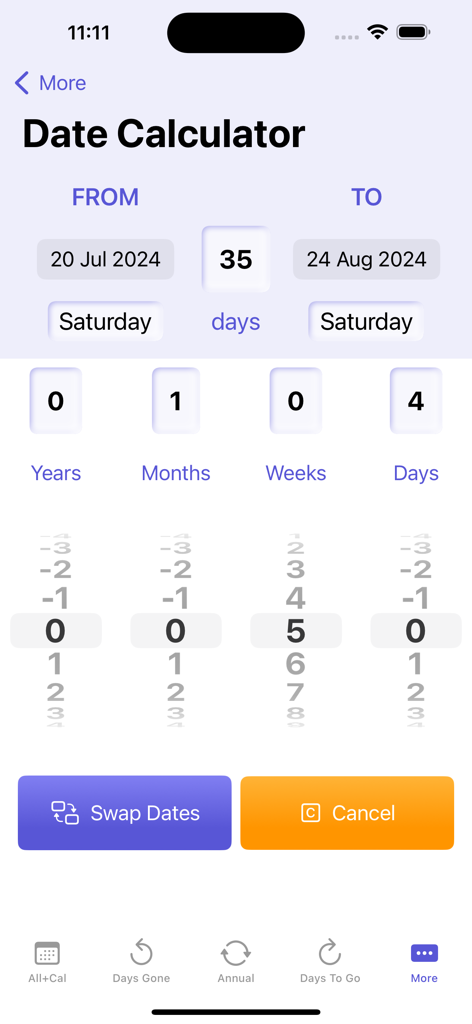 days - A date calculator interface in the days app showing a duration of 35 days between July 20 and August 24.