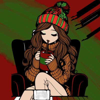 realistic girl drinking hot cocoa sitting in a chair wearing a cozy sweater and hat