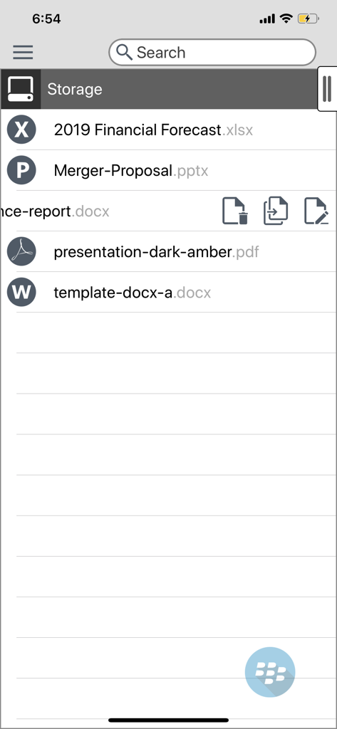 List of secure business documents including Excel and PowerPoint files in the BlackBerry Edit app storage.
