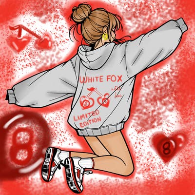 realistic girl jumping with a bun and oversized sweatshirt