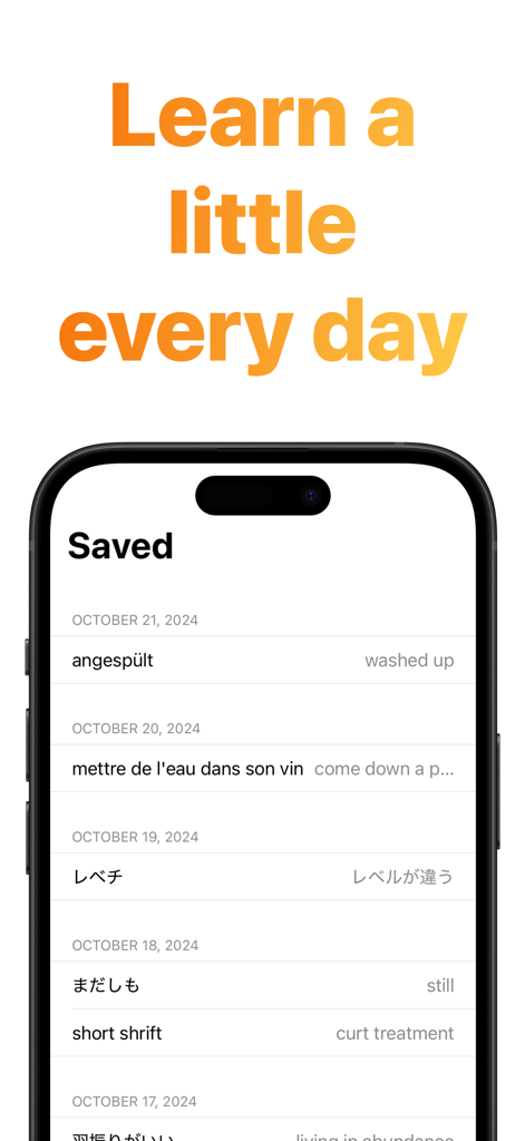 날짜별로 정리된 여러 언어의 저장된 어휘 단어 및 번역 목록을 보여주는 스마트폰 화면.