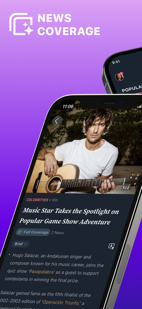 NewsCvg: World News Coverage - AI 기능이 있는 연예 뉴스 기사 요약을 표시하는 NewsCvg 모바일 앱 인터페이스