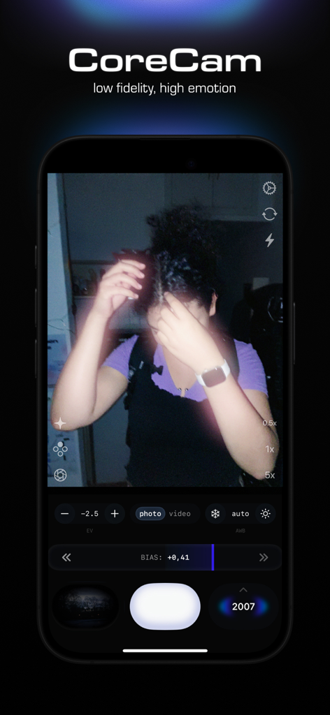 CoreCam - CoreCam app interface showing a grainy low-fidelity photo of a woman in a purple shirt with a 2007 vintage camera filter applied