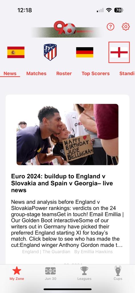 90MIN - Interfaz de la app 90MIN mostrando noticias de fútbol personalizadas y actualizaciones de partidos de la Eurocopa 2024.