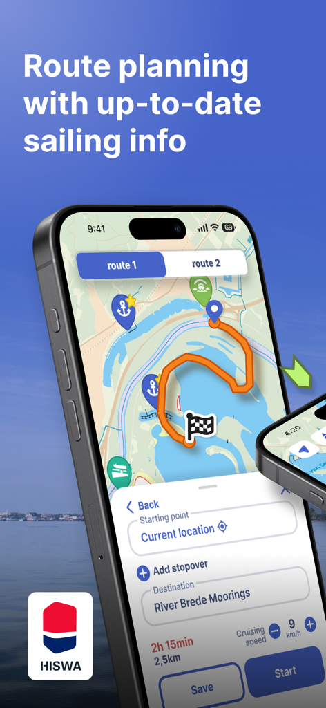 Waterkaarten Bootsnavigations-App zeigt Routenplanung auf einem mobilen Gerät.