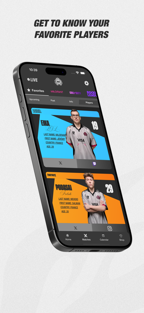 Gentle Mates app interface showing detailed player profiles for esports teams including League of Legends and Fortnite.