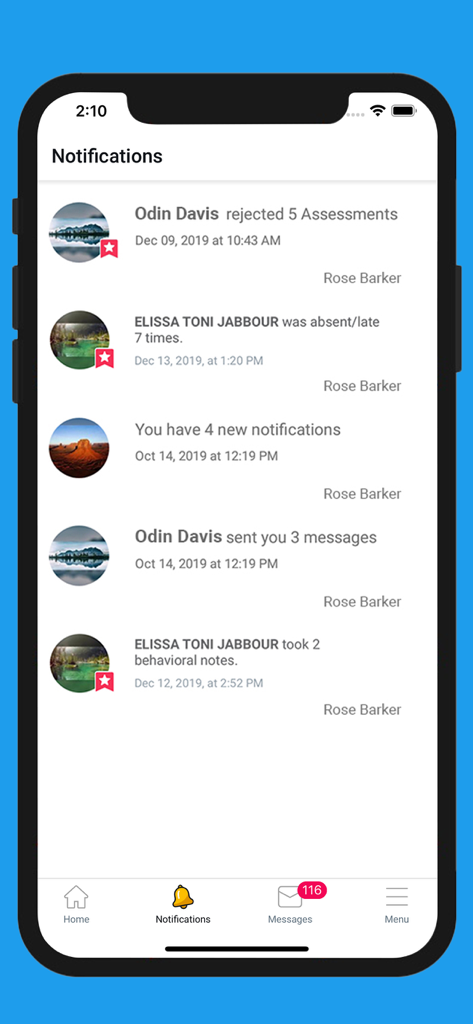 eSchool Connect - Notification feed in the eSchool Connect app showing student attendance behavior and assessment updates