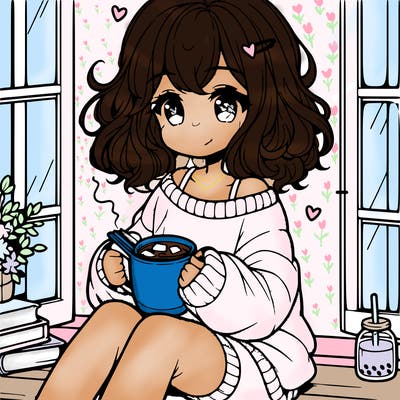 cute anime girl reading book and drinking hot chocolate from mug with loose wavy hair wearing a baggy sweatshirt and shorts sitting by windowsill looking out