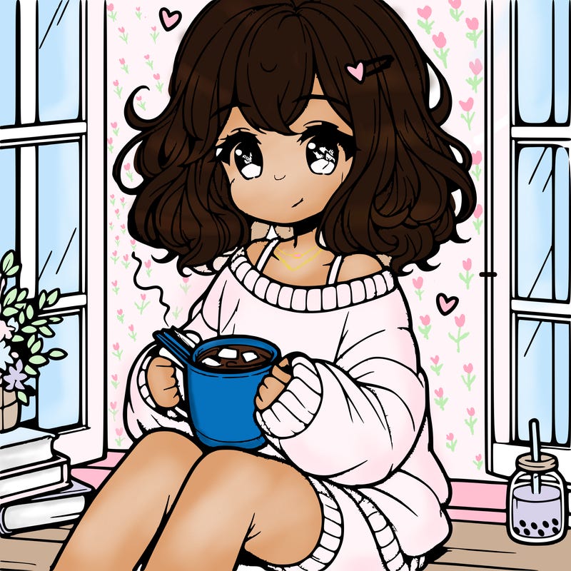 cute anime girl reading book and drinking hot chocolate from mug with loose wavy hair wearing a baggy sweatshirt and shorts sitting by windowsill looking out