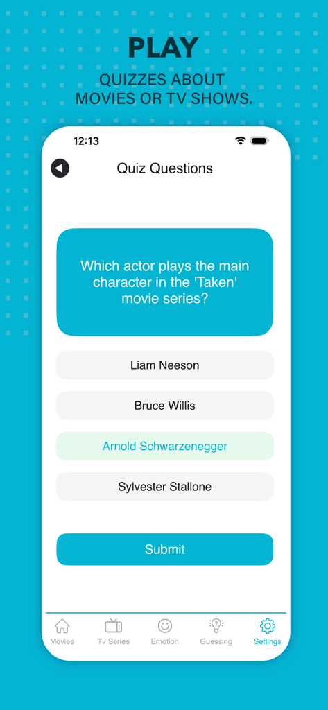 A movie trivia quiz screen in the MyFlixer app asking a question about the Taken film series.