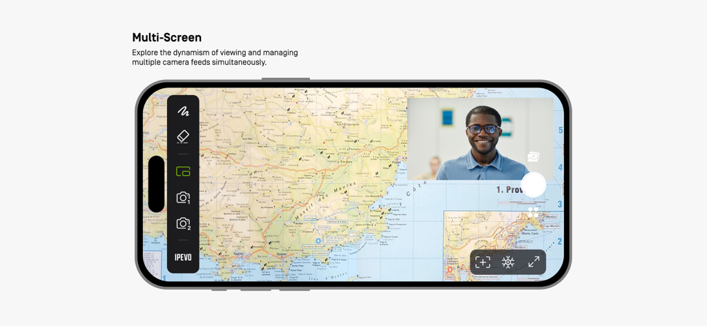 IPEVO Visualizer app interface on a smartphone showing multi-screen mode with a map and a video feed