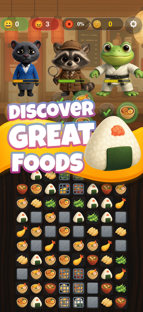 Pannello puzzle match-3 con cibo giapponese e simpatici personaggi animali in Serve Rush