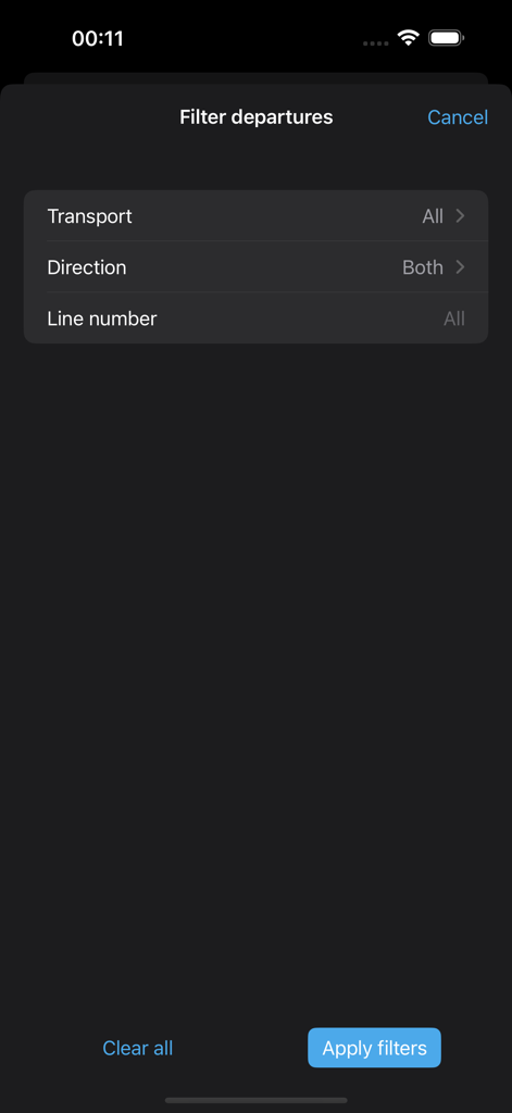 SL watch - The filter departures screen in the SL watch app showing options for transport mode and direction