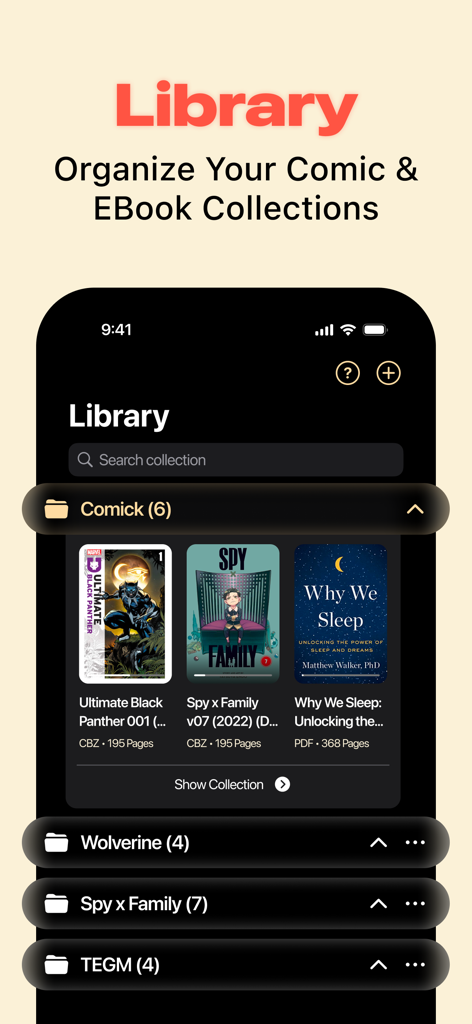 Écran de bibliothèque de l'application Comick montrant des collections numériques organisées de BD et d'eBooks