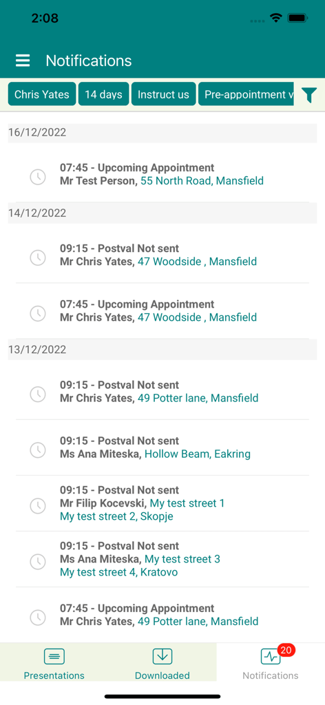 Acaboom - Acaboom-Mobile-App-Benachrichtigungsbildschirm, der eine Liste bevorstehender Termine und Follow-up-Benachrichtigungen für Immobilienkunden anzeigt