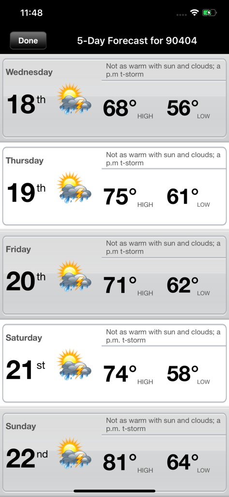 Total Connect Comfort - A five day weather forecast screen on the Total Connect Comfort app showing daily high and low temperatures