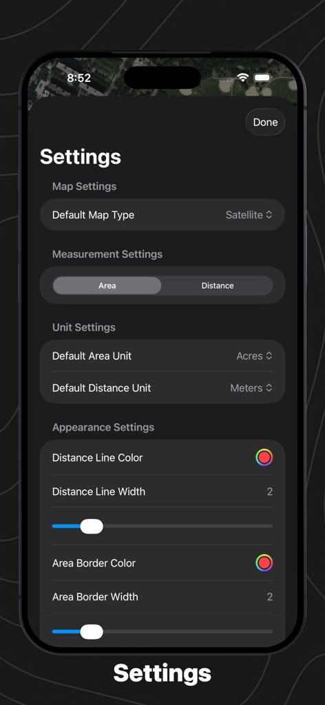Geo Measure: Area & Distance - Écran des paramètres de l'application Geo Measure montrant le type de carte, les unités de mesure et la configuration de l'apparence.
