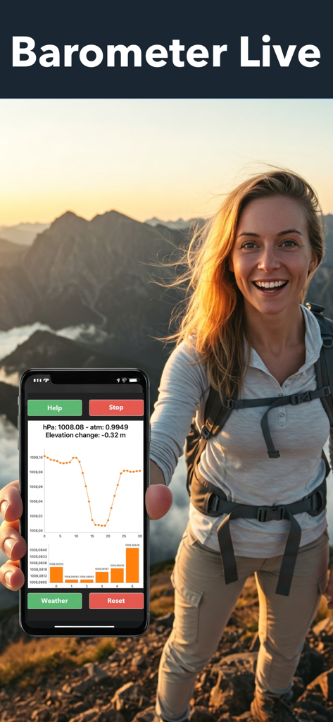 A woman hiker using the Barometer Live Chart app to track air pressure and elevation in the mountains
