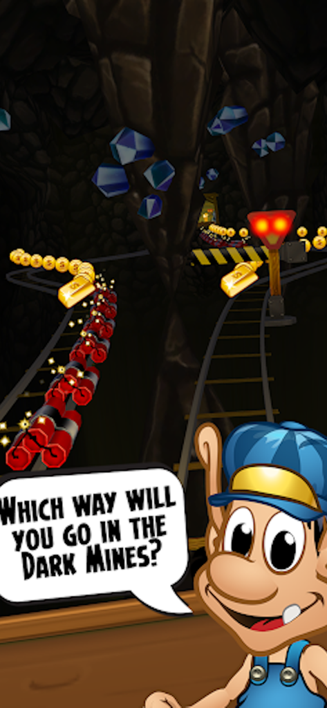 Hugo Troll Race Classic - Hugo the troll character in a dark mine level with gold coins and obstacles on railway tracks