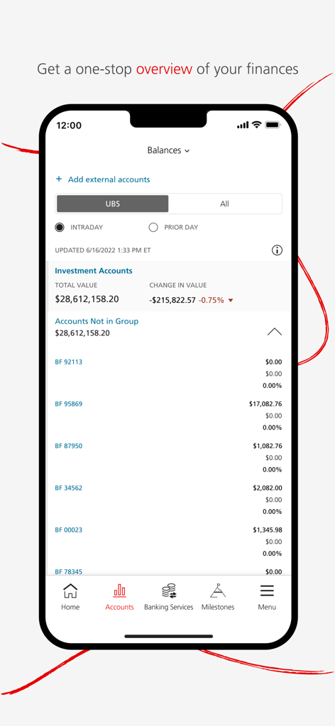 UBS Wealth Management - Tela do aplicativo UBS Wealth Management exibindo uma visão geral financeira de contas de investimento e saldos