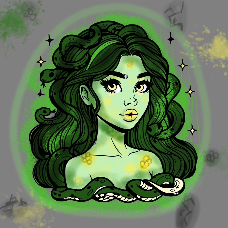 realistic girl with snakes as hair