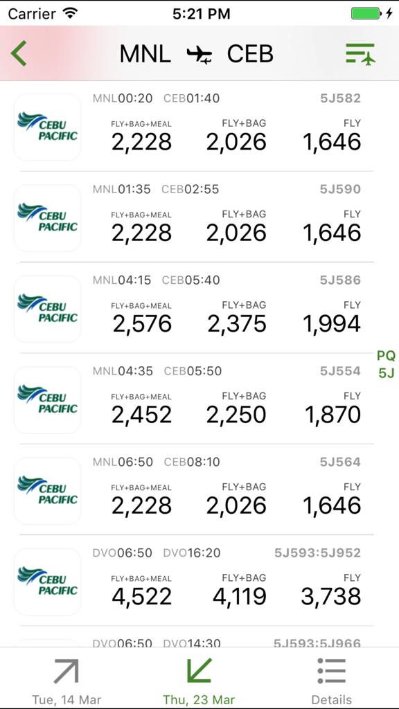 마닐라-세부 국내선 항공편 검색 결과, 세부 퍼시픽 요금 옵션 및 출발 시간 표시