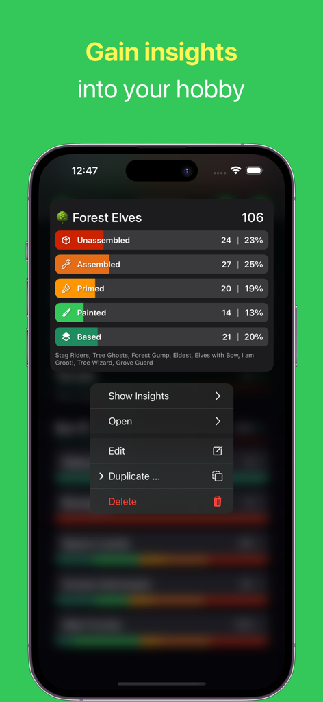 Figure Case - Hobby Progress - Uno screenshot dell'app Figure Case che mostra il tracciamento dettagliato dei progressi e le statistiche per una collezione di miniature di Elfi della Foresta
