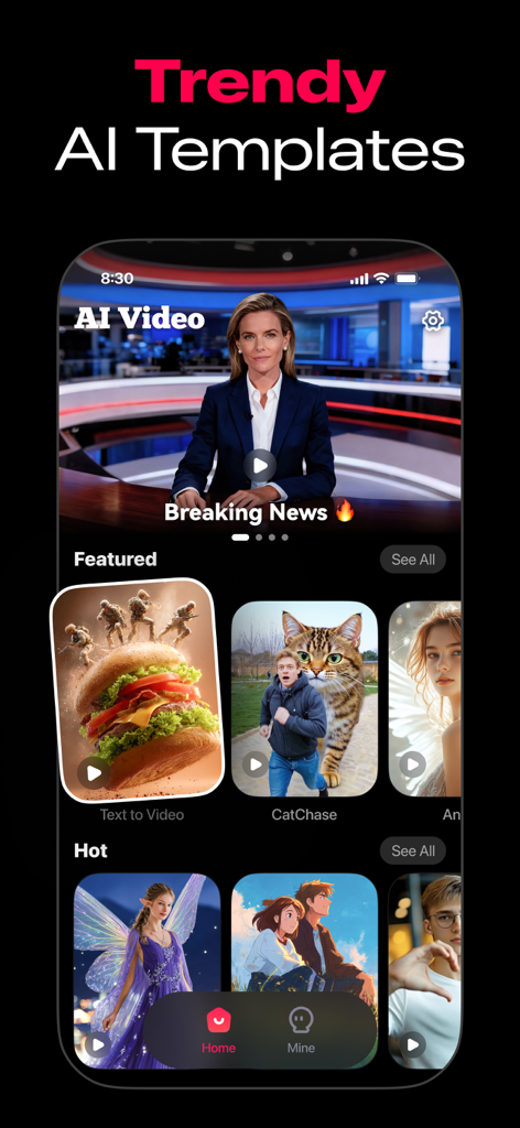 ArtReel mobile app interface displaying featured and hot AI video templates.