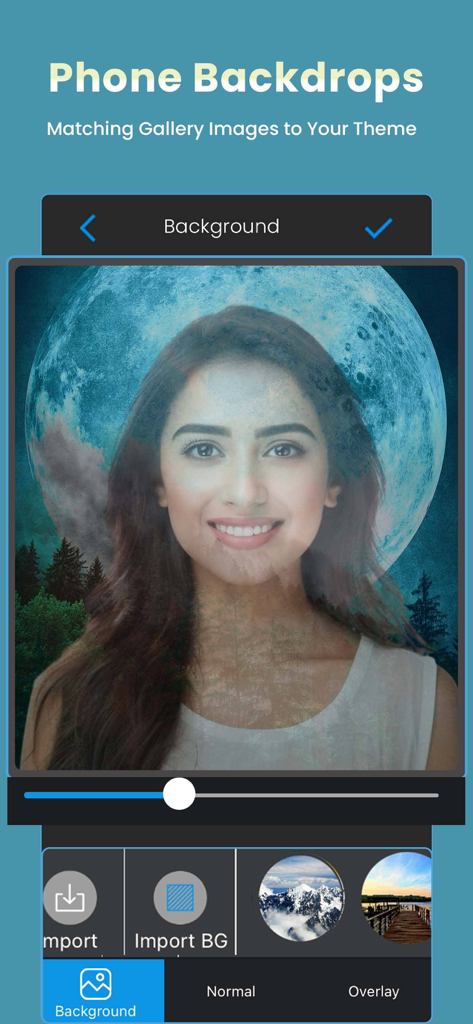 Double Exposure: Photo Merge - Interface of the Double Exposure app showing a portrait blended with a moon and forest background