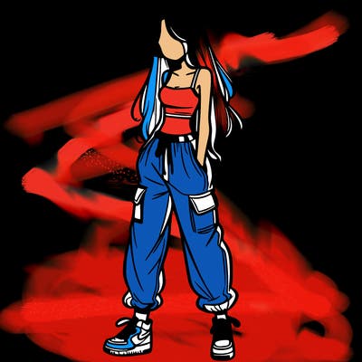 girl in baggy pants crop top and long hair