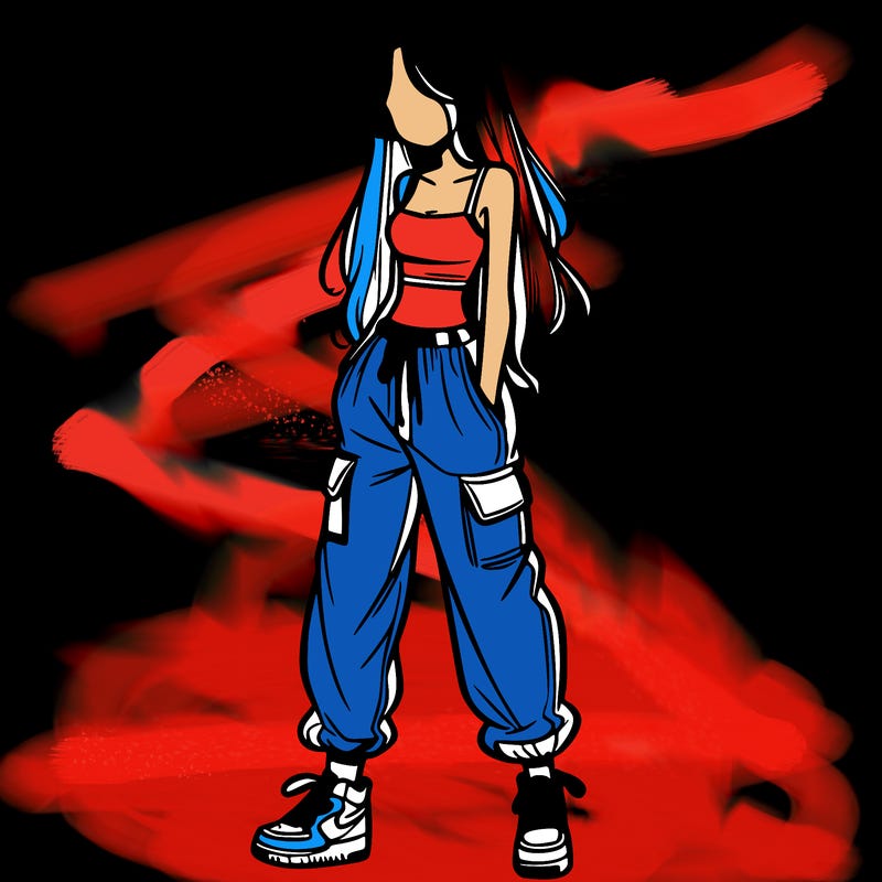 girl in baggy pants crop top and long hair