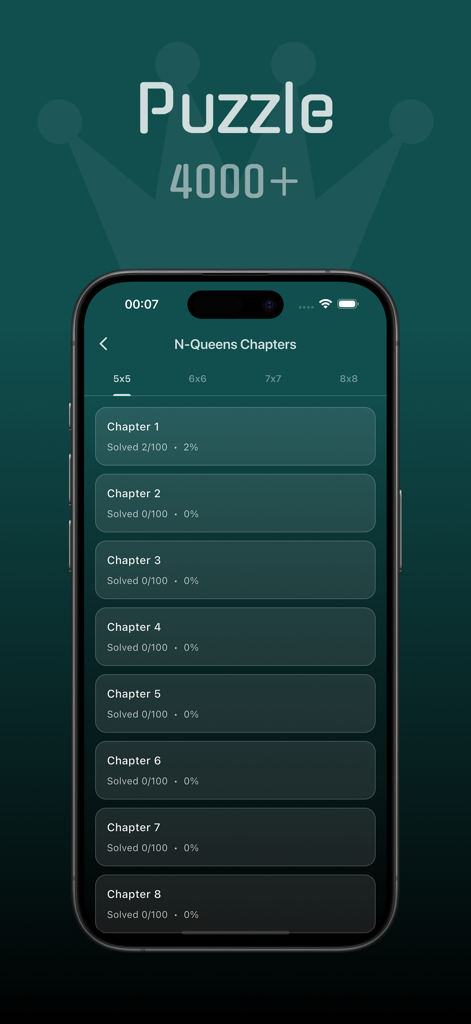 N-Queens Puzzle - Mobile interface of N-Queens Puzzle showing multiple chapters and puzzle progress