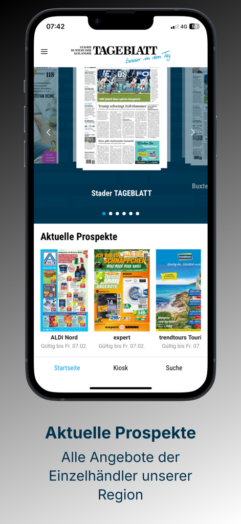 Pantalla de inicio de la aplicación E-Paper TAGEBLATT con noticias y folletos locales