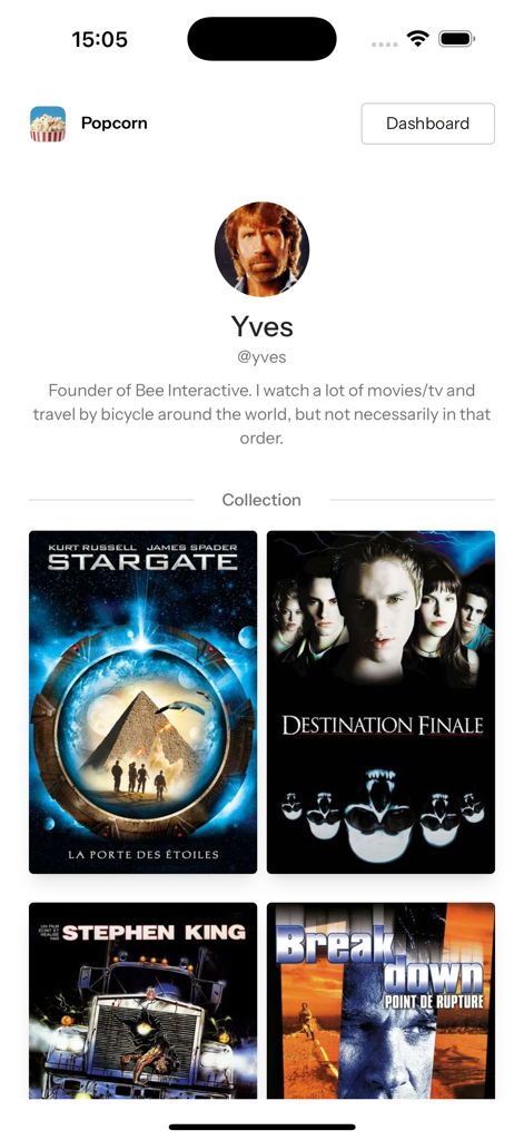 A screenshot of the Popcorn movies app showing a user profile named Yves and a visual collection of saved movie posters