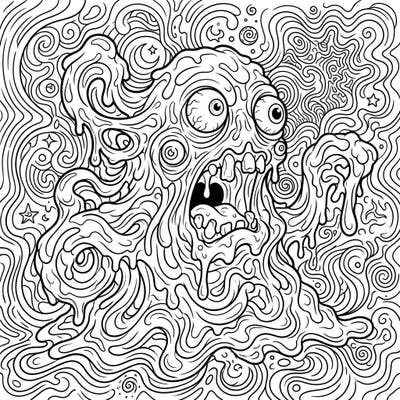 Prepare for a wild coloring experience with this unique Psychedelic Snot Monster design. Featuring swirling, dripping lines and an intriguingly grotesque creature, it promises hours of imaginative fun.
