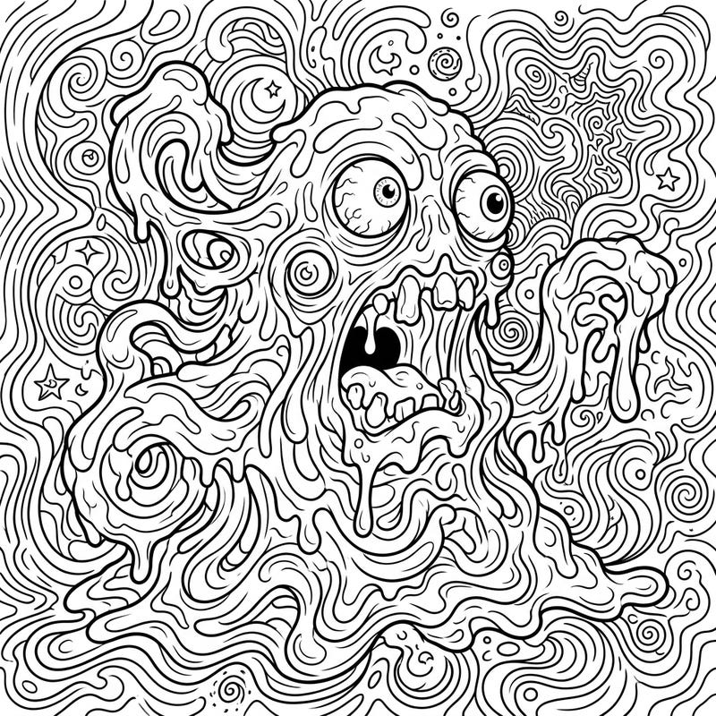 Prepare for a wild coloring experience with this unique Psychedelic Snot Monster design. Featuring swirling, dripping lines and an intriguingly grotesque creature, it promises hours of imaginative fun.