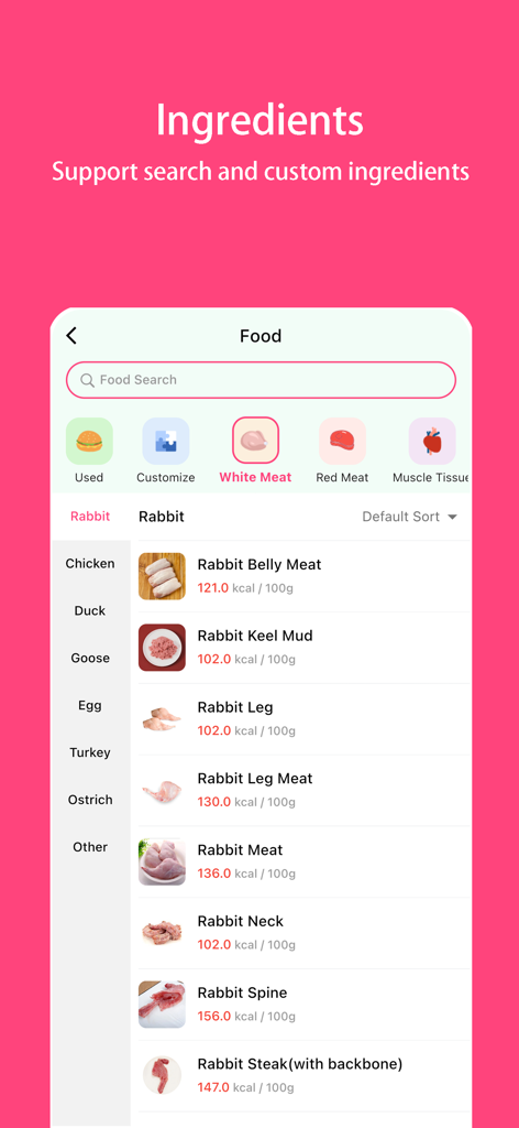 Pet Diary - Record Pet’s Life - Pet Diaryアプリ。肉の材料とカロリー情報が検索可能なリストを示しています。