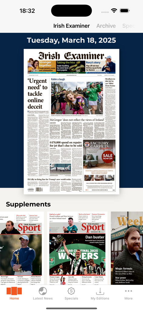 Irish Examiner ePaper - Irish Examiner ePaper app home screen displaying the daily digital newspaper edition and supplements