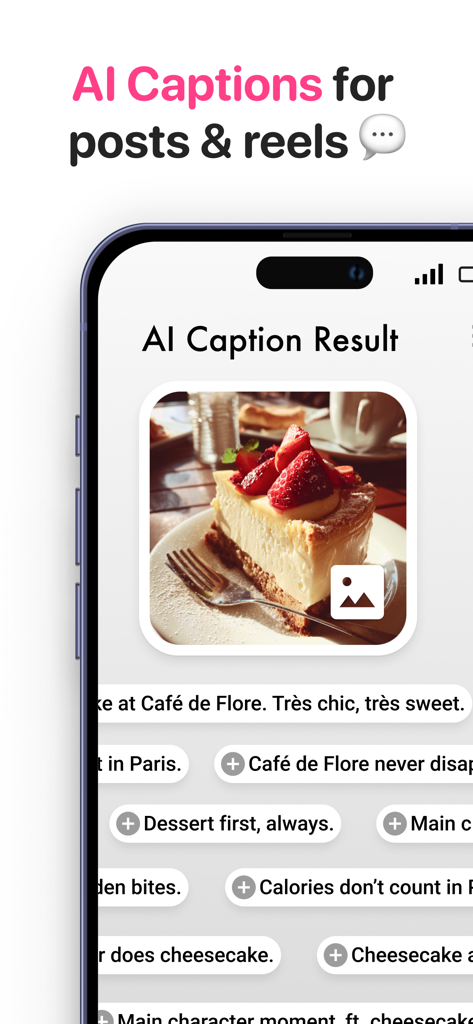 Interface do aplicativo Hashtag AI mostrando legendas geradas por IA para uma postagem de comida em um iPhone.